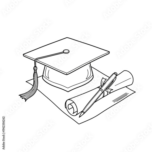 Graduation Cap Diploma and Pen - Symbol of Education and Achievement