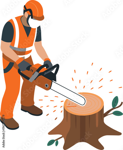 Isometric lumberjack cutting tree trunk with chainsaw forestry worker logging wood industry vector illustration safety equipment concept design