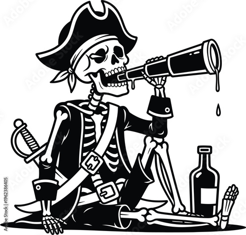 Pirate skeleton searching for treasure with spyglass