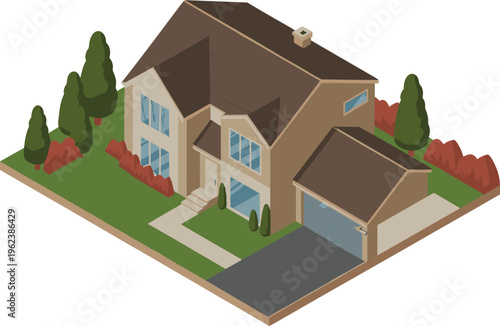 Isometric modern suburban house exterior with garage, landscaped yard, trees, residential architecture illustration, real estate concept, clean minimal design style