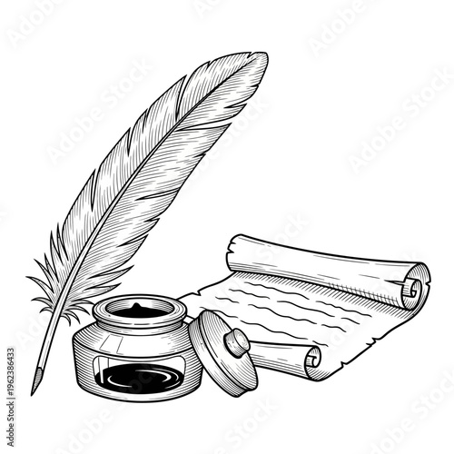 Quill pen, inkwell, and scroll: vintage writing tools for historical or literary themes