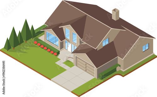 Isometric modern suburban house with garage driveway garden trees residential property real estate home exterior architecture illustration design concept