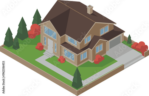 Isometric modern suburban house with garage garden trees residential property real estate architecture home exterior illustration design concept