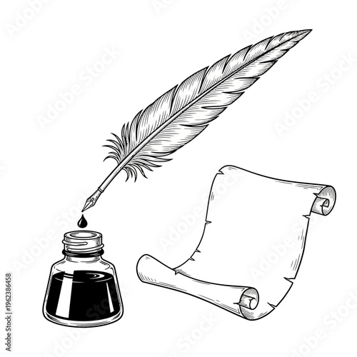 Quill pen, inkwell, and scroll: vintage writing tools for historical or literary themes