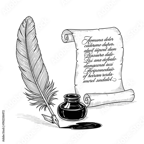 Quill pen, inkwell, and scroll with calligraphy on white background