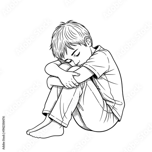 Sad Boy Crouching, Feeling Lonely and Depressed, Black and White Illustration