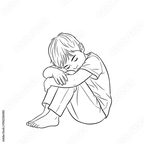 Sad boy curled up, feeling lonely and depressed, black and white illustration
