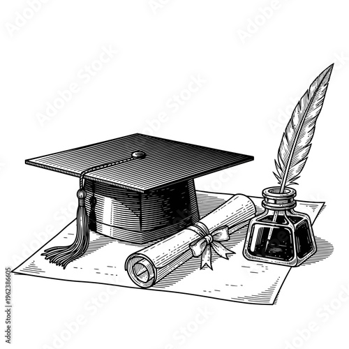Graduation Cap, Diploma Scroll, and Quill Pen with Inkwell - Symbol of Education and Achievement