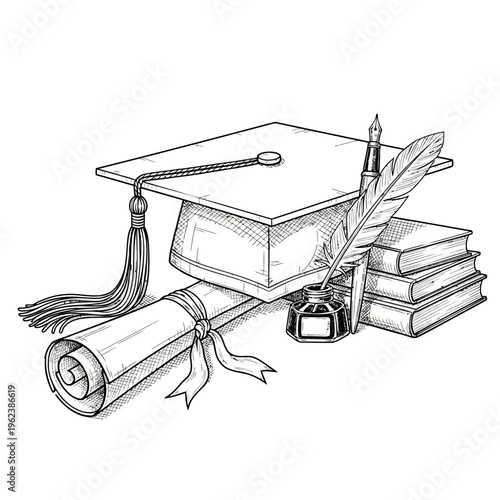 Graduation Cap, Diploma Scroll, Books, Inkwell, Quill Pen - Symbol of Education and Knowledge