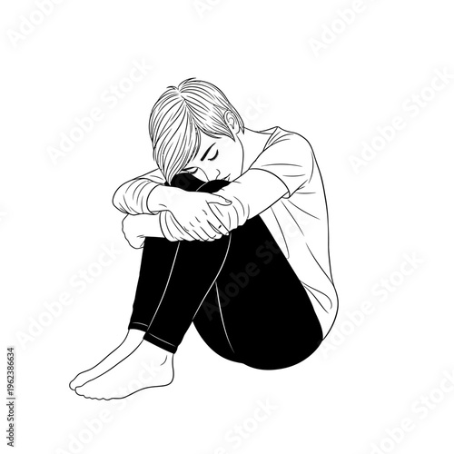 Sad young woman curled up, feeling lonely and depressed, black and white illustration