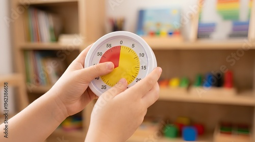 Obraz na płótnie Child hands holding visual countdown timer ADHD time management classroom