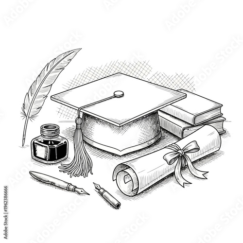 Graduation Cap, Diploma Scroll, Books, Inkwell, Quill Pen, Fountain Pen - Education Concept