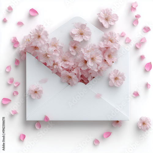 Envelope with Pink Flowers and Falling Petals Romantic Concept