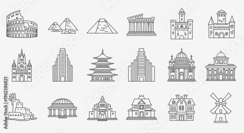A graphic illustration of 20 famous landmarks from around the world in gray line art on a white background.