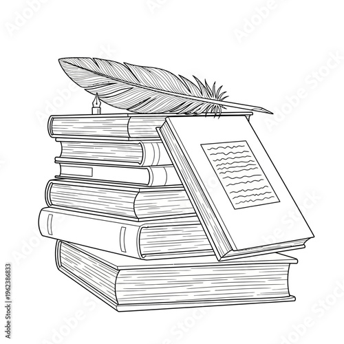 Stack of books with feather quill pen, vintage writing and education concept