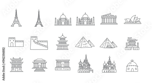 A set of iconic landmarks and monuments from around the world in grayscale line art on a white background.