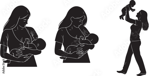 Illustrations of mothers breastfeeding and carrying their babies isolated on transparent background, Vector