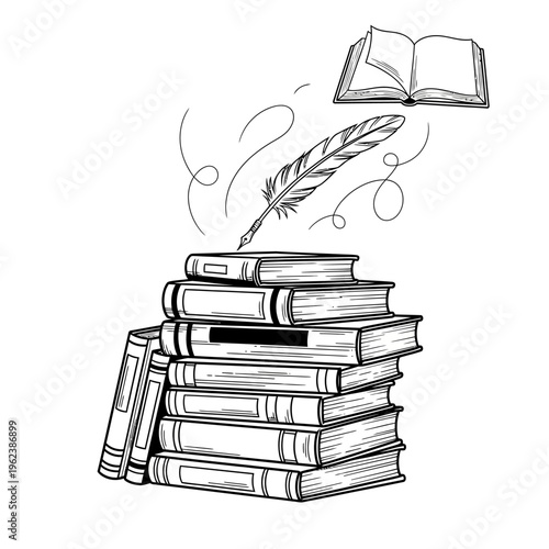 Stack of Books with Quill Pen and Open Book Flying Above