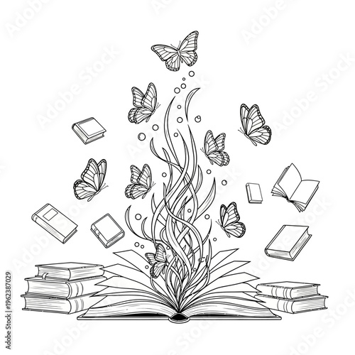 Open Book with Butterflies and Swirling Energy, Symbolizing Imagination and Knowledge
