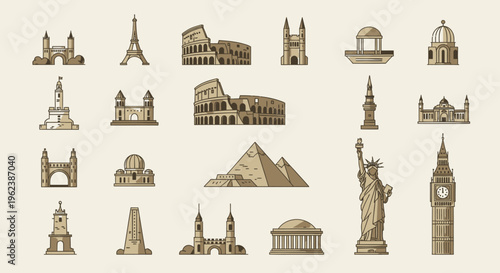 Illustration of various famous landmarks from around the world in sepia tones on a beige background.