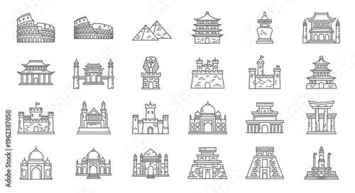 A set of black and white line drawings of famous landmarks and monuments from around the world on a white background.