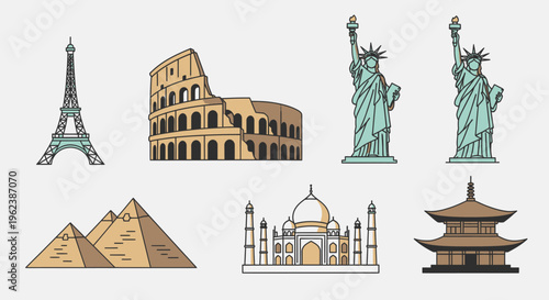 Flat lay illustration of famous landmarks including Eiffel Tower, Colosseum, Statue of Liberty, Pyramids, Taj Mahal, and pagoda on white background.
