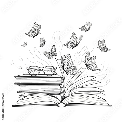Open book with butterflies flying out, glasses on stack of books