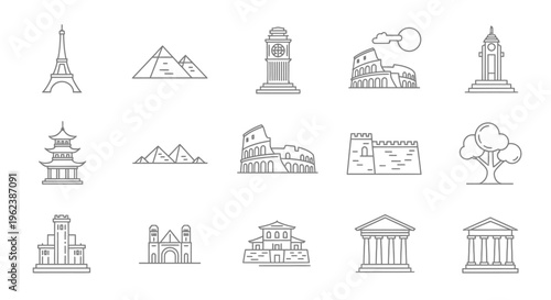 Line drawings of famous landmarks and monuments from around the world on a white background.