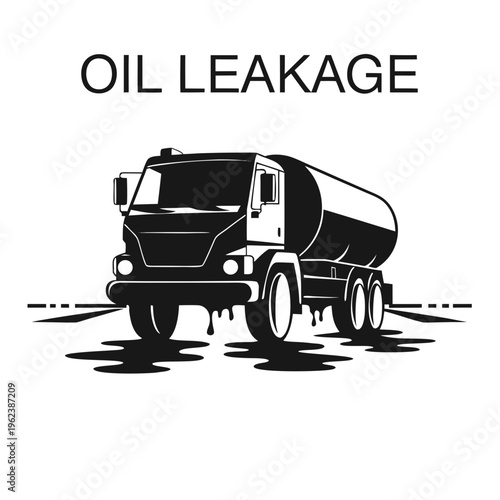 Illustrative vector showing a large tanker truck suffering a critical oil leakage, resulting in ground contamination and an environmental hazard spill