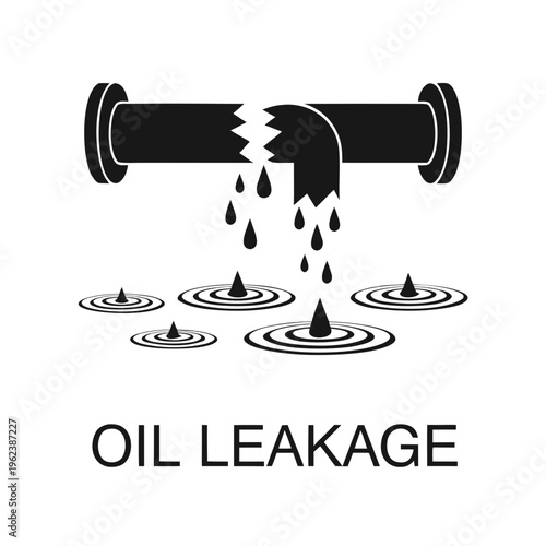 Symbolic illustration of an oil pipe with a significant leak, causing drops to fall into surrounding puddles, representing environmental pollution and industrial accidents