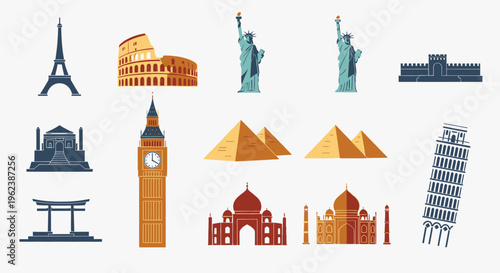 Flat lay illustration of famous landmarks from around the world on a white background.