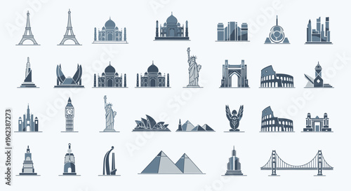 A collection of gray icons depicting famous landmarks and monuments from around the world on a white background.
