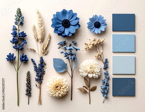 Flat Lay of Dried Botanicals and Gradient Color Palette in Ash Blue and Beige Tones