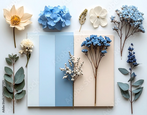 Flat Lay of Dried Botanicals and Gradient Color Palette in Ash Blue and Beige Tones