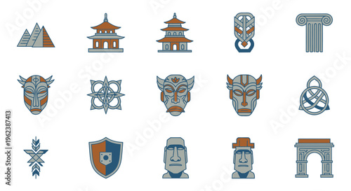 Flat lay of various gray and orange architectural and mythological symbols on a white background.