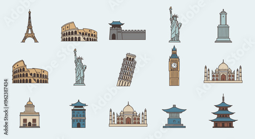 Flat lay illustration of various famous landmarks from around the world on a light blue background with a mix of realistic and stylized architectural icons.