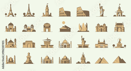 Flat lay of various famous landmarks in sepia tones on a pale green background with a minimalist composition.