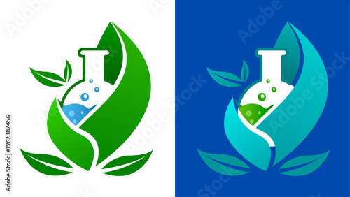 Eco-friendly Laboratory Logo Design with Flask and Green Leaves for Biotechnology and Science Research