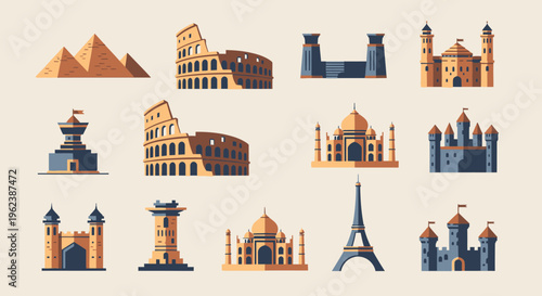 Flat lay illustration of various famous landmarks from around the world on a beige background with orange and blue hues.