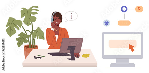 Customer support, data security, virtual help, communication, online services, workflow. Woman at desk with headset and info bubble, plant nearby and computer screen. Customer support and data