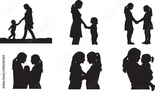 Silhouettes of various family bonding moments and support isolated on transparent background, Vector
