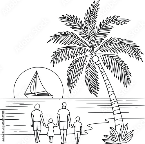 Family watching sunset with sailboat and palm tree black outline on a transparent background, hand-drawn vector art PNG