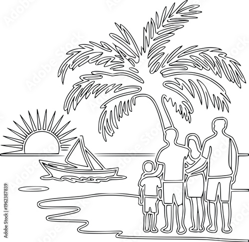 Minimalist continuous line drawing of family silhouette standing on beach under palm tree watching sunset with sailboat floating on ocean waves PNG
