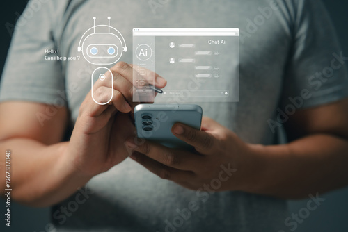 chat with AI. Artificial intelligence. The concept of accessing imagination by feeding commands to Ai to create what is in our mind with futuristic technology through the Internet.