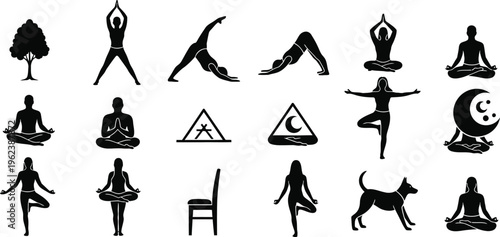 Yoga poses and symbols for mindful practice and wellness