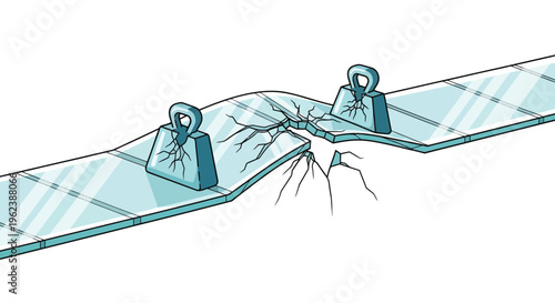 An illustration of a broken glass or ice surface with two objects on either side