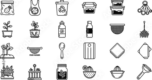 Collection of black and white icons representing various household and gardening tools