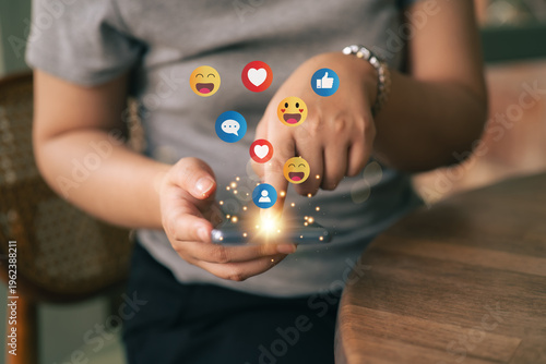 The concept of living on vacation and playing social media. Social media and digital online concept, man using smart phone with Social media. Social Distancing ,Working From Home concept..