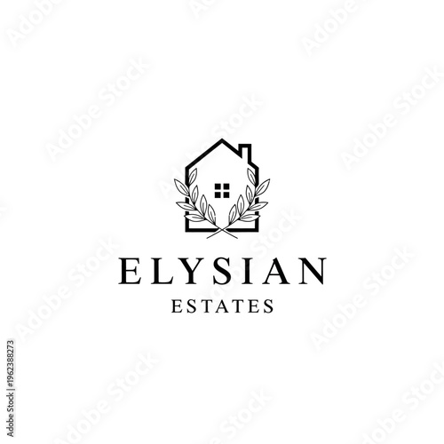 Elysian Estates logo with house and olive branches.