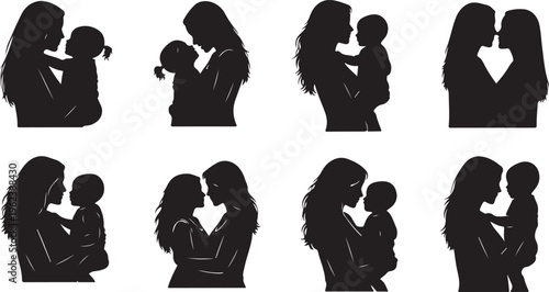 Silhouettes of mothers and children sharing tender moments in various poses isolated on transparent background, Vector
